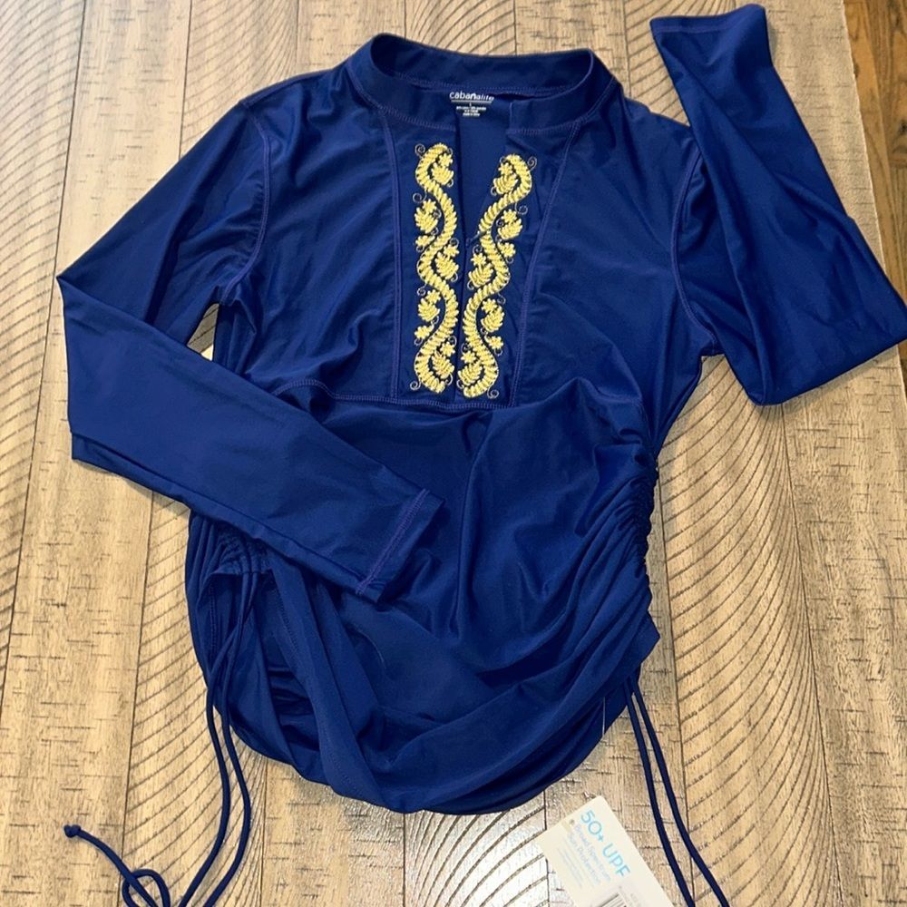 Cabana Life Navy Blue Rash Guard with Yellow Embroidery